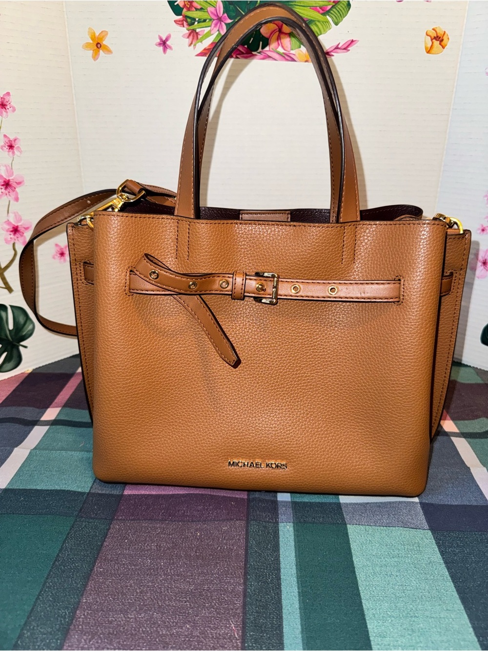 Michael Kors Cognac Pebbled Leather Tote with Gold Hardware vintage